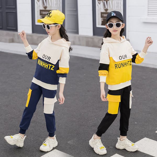 

2021 new children fashion spring suits girls casual sports sets cotton long sleeve hoodies + suit pants 4-14yrs waus, White