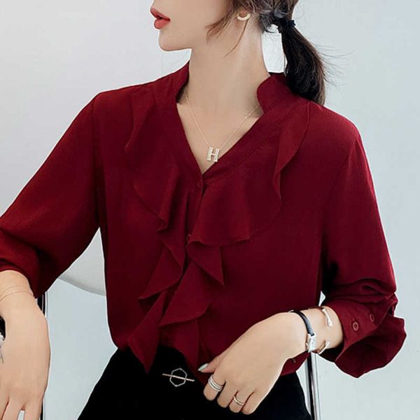 

blusas mujer de moda ruffles v-neck blouse women long sleeve red chiffon blouse women shirts womens and blouses b929 210602, White