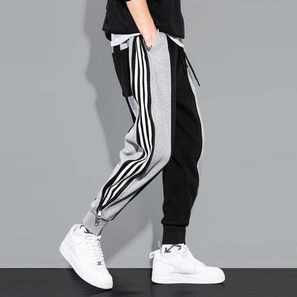 

sportswear men's spring loose hemline side zipper striped pantswinter, Black