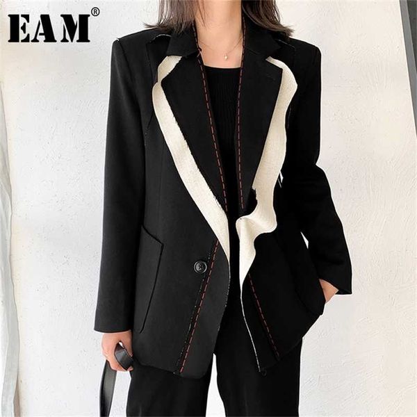 

[eam] women black contrast color burr blazer lapel long sleeve loose fit jacket fashion spring autumn 1w519 211112, Black;brown