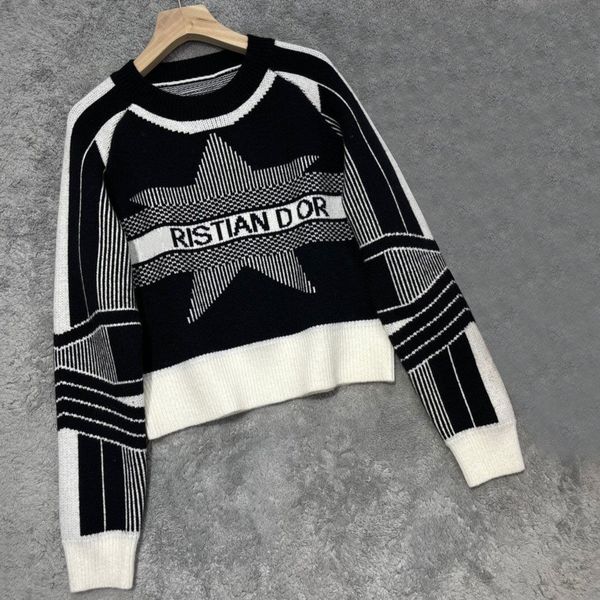 

wool 2021 autumn winter new five pointed star letter color contrast aging style simple long sleeve sweater women, Black;gray