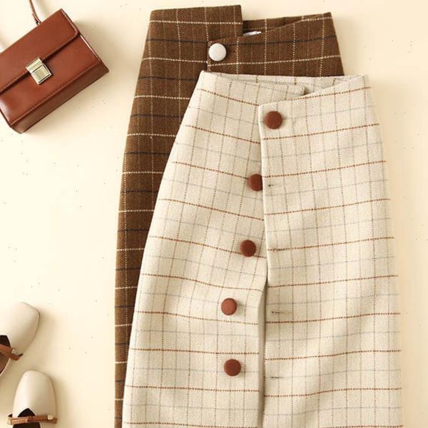 

women woolen plaid pencil skirt hight waist celebrity lattice retro female fashion single breasted skirt drop shipping, Black