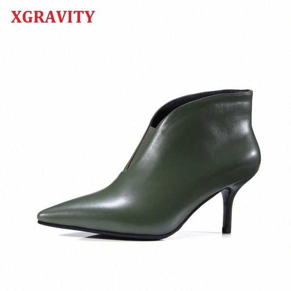 

xgravity shoes green genuine leather thin heel woman shoes deep v design lady fashion boots elegant european women boots a240 z4gu#, Black