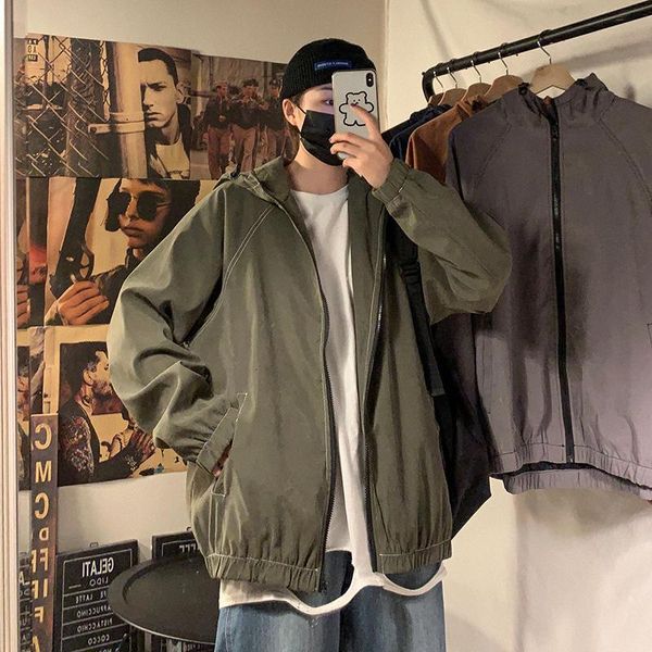 

men's jackets 2021 winter color matching loose korean zipper hooded tooling trend street casual large size jacket, Black;brown
