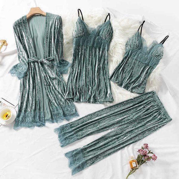 

mechcitiz 4pcs velvet women pajamas sets autumn winter long sleeve shirts pants homewear warm sleepwear pijamas robe lounge suit, Black;red