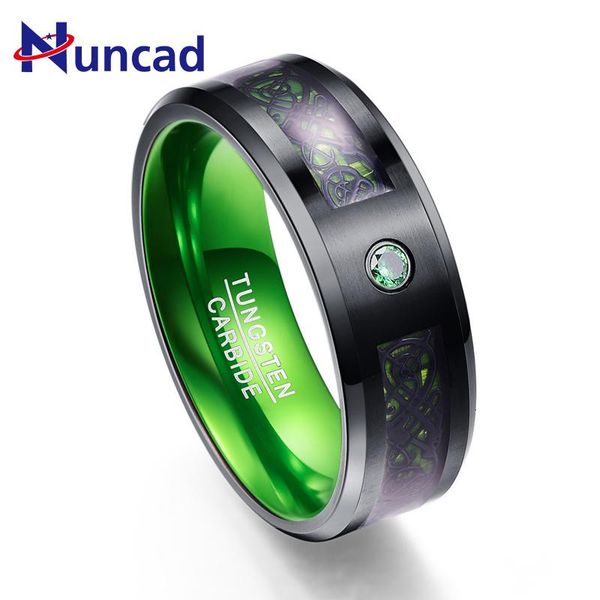 

cluster rings black surface dragon engrave green zircon innerside 8mm width 100% genuine wedding band tungsten carbide for men, Golden;silver
