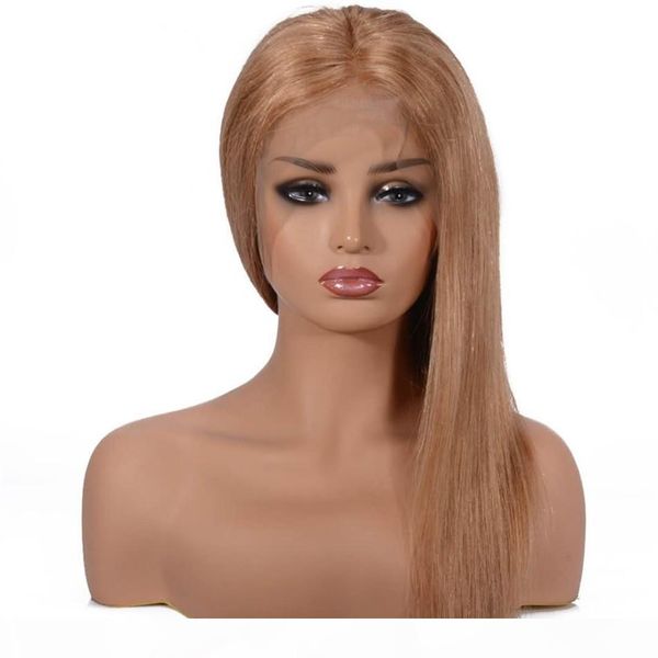 

lace front human hair wigs with baby hair 27# peruvian hair natural straight glueless lace wigs bleached knots, Black;brown