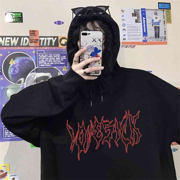 

winter vintage ins gothic fashion fun letter print punk women big size loose long sleeve plus hip-hop hooded sweatshirt 210910, Black