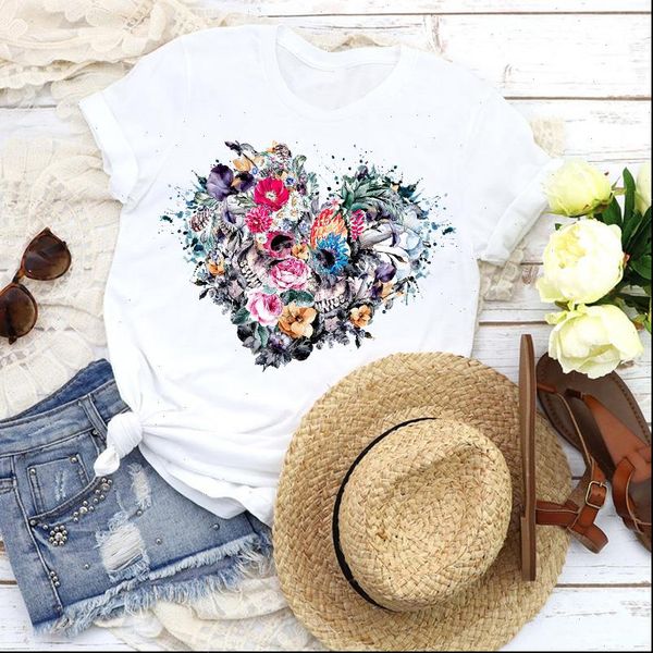 

women graphic love heart skull flower floral short sleeve fashion tees print t shirt clothing female shirt womens t shirt, White