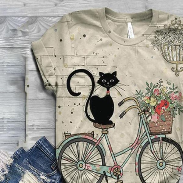 

vintage shirts women blouses 2021 plus size women short sleeve 3d cat printed o neck blouse women camisas mujer, White