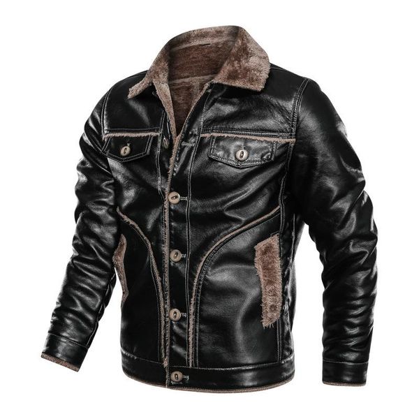 

men's leather & faux high-grade real jackets warm thick brown coats clothing man biker turn-down collar men shearling, Black