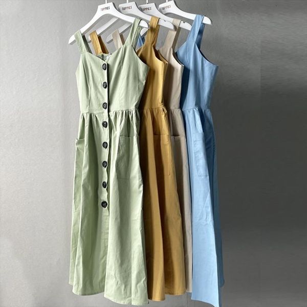 

summer 97%cotton camisole beach women dress midi with pockets front button sundress stretch bust, Black;gray