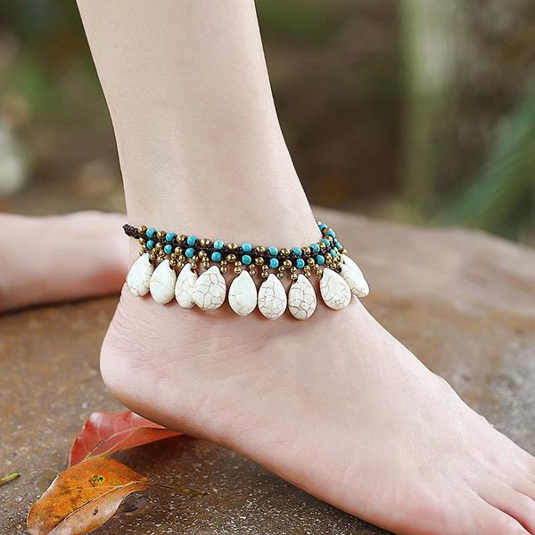 

anklets bohemian pure hand-woven stone drops tassels women exquisite ethnic retro fashion street shoot simple beach foot jewelry, Red;blue