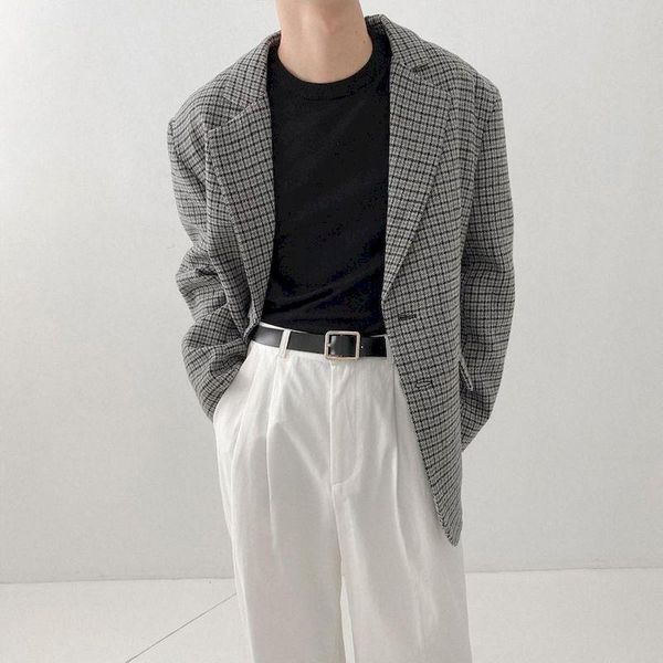 

men's suits & blazers foufurieux 2021 autumn korean style unique design suit men casual loose houndstooth plaid for blazer slim fit, White;black