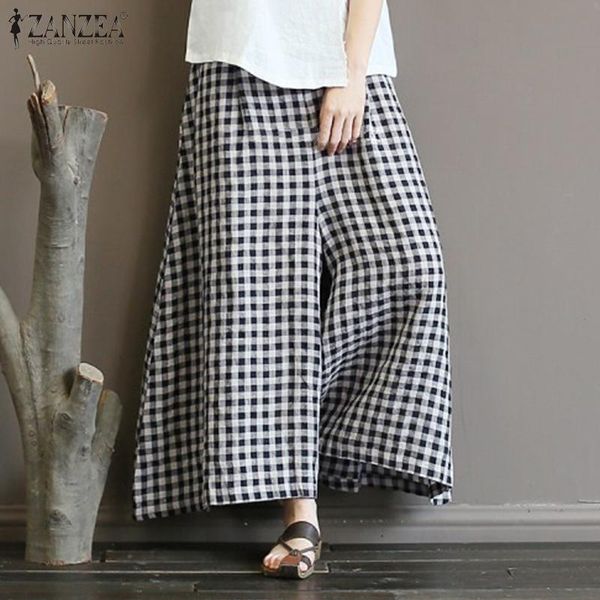 

women's pants & capris stylish women plaid wide leg zanzea summer elastic waist loose long trousers vintage harem pantalon baggy flare, Black;white