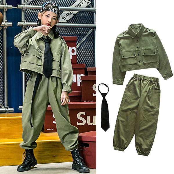 

kids hip hop street dance costume armygreen suit overalls student uniform girls jazz performance clothes stage rave wear vdb2535, Black;red
