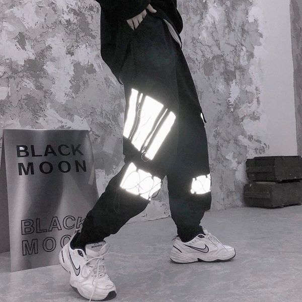 

women's pants & capris women harajuku black high waist cargo reflective hip-hop loose solid pockets elastic trousers bottoms, Black;white
