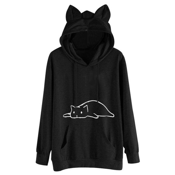 

autumn fashion cat ear hoodies bluza damska women girls solid long sleeve cat print pockets blouse sweatshirt loose hoody, Black