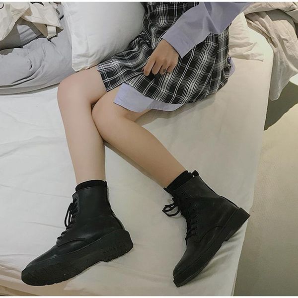 

boots women's pu leather ankle fashion ladies lace up platform women flat shoes casual female footwear 2021, Black
