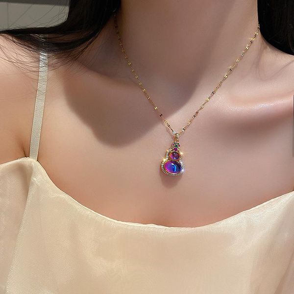 

pendant necklaces vsnow fashion purple colorful opals gourd necklace for women girls shining rhinestone stainless steel jewelry, Silver