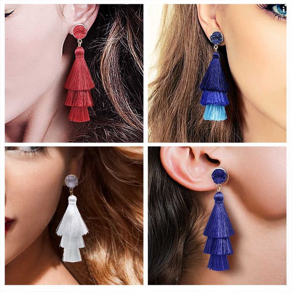 

new ethnic crystal cluster bohemian multi layer tassel earrings, Silver