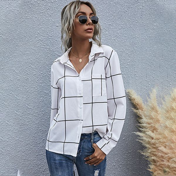 

2021 spring new plaid casual pocket full sleeve chiffon for women summer loose blouse lw4t, White