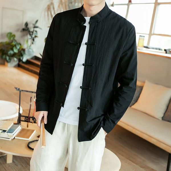 

men's casual shirts chinese style shirt men cotton linen vintage chemise long sleeve tai chi ta, White;black