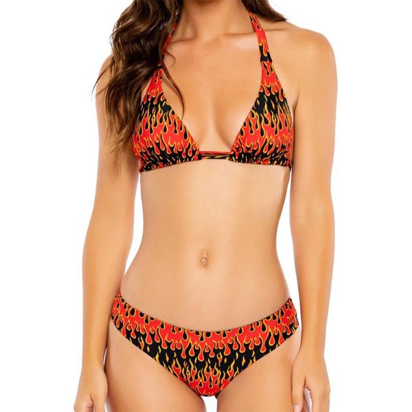 

women's swimwear fashion women bikini sets summer flame printed halter tie up triangle bra swimsuit suits, White;black