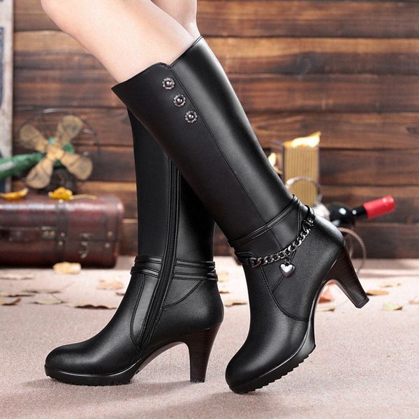 

winter warm woman square high heel genuine leather thick wool boots platform round toe mid calf black female shoes botas mujer a0w8#