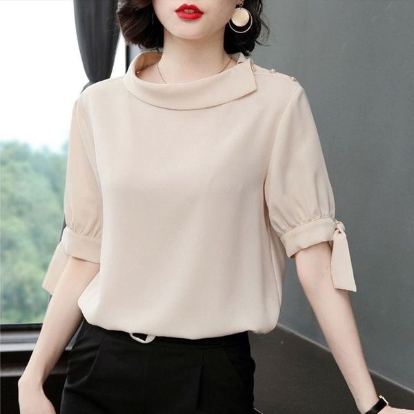 

women's blouses & shirts women blouse chiffon short-sleeved summer lace-up loose blusas ropa de mujer, White