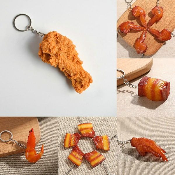 

keychains 1pc simulation food wing tip chicken wings fried legs pig trotters braised pork belly feet shrimp keychain, Silver