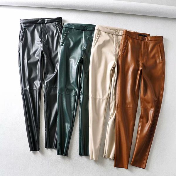 

women's pants & capris solid pu leather fashion pencil women zipper pockets decorate basic lady long trousers plat skinny bottoms spodn, Black;white