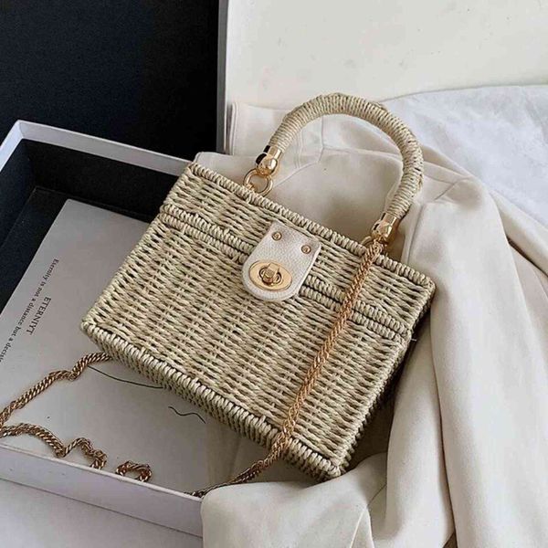 

elegant female box tote bag 2021 high-quality straw women's designer handbag weave chain shoulder menger beach