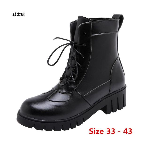 

boots female autumn british wind leather thick with short woman motorcycle women shoes small big size 33 - 43, Black