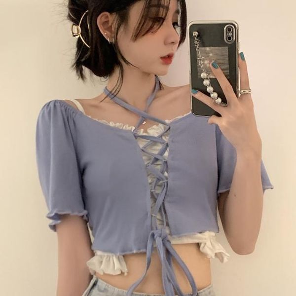 

women's suits & blazers design sense strappy hanging neck t-shirt women's two piece suit sweet short short-fitting short-sleeved t-, White;black