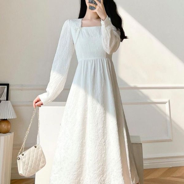 

casual dresses elegant vintage midi dress women white square collar retro korean party 2021 french long sleeve y2k fairy princess, Black;gray
