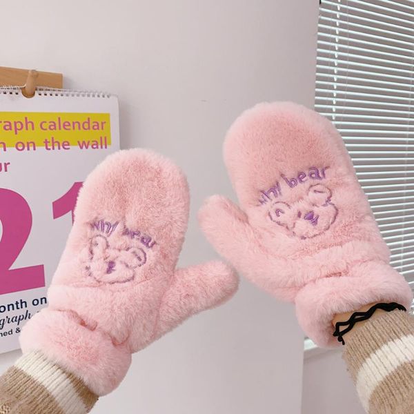 

five fingers gloves winter women' korean ins bear kawaii cute warm plush pink children riding, Blue;gray