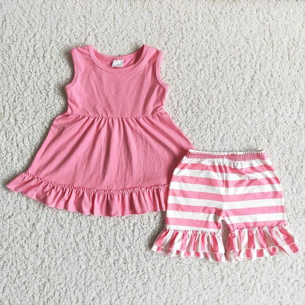 

summer kids sleeveless outfit girl sweet pink cotton and stripes shorts set casual, White