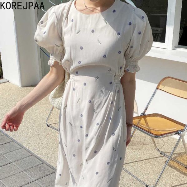

korejpaa women dress korean fashion chic summer elegant temperament floral round neck fold waist short sleeve long dresses 210526, Black;gray