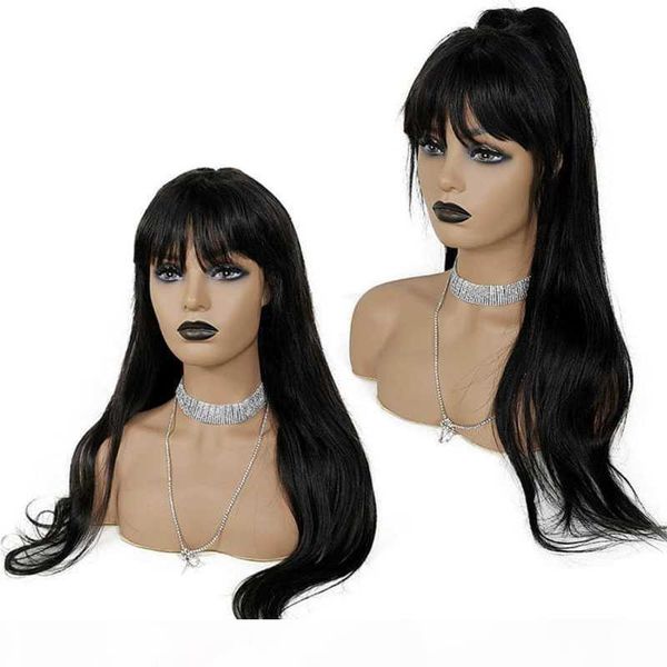 

natural straight human hair wig with bangs brazilian remy hair silk base lace front wig for women natural color 1#2#4#, Black;brown