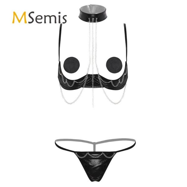 

womens erotic lingerie set open cups bare exposed breasts nipples underwire shelf bra with g-string briefs and nipple covers