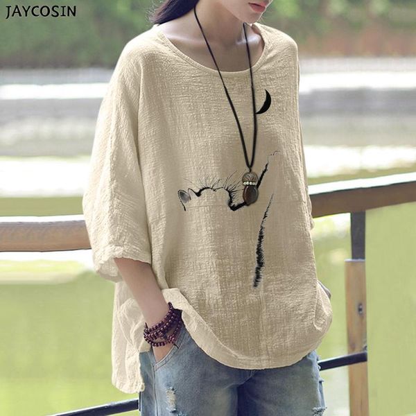 

women's t-shirt cat moon pattern cotton and linen summer autumn long-sleeved round neck casual 2021 fasion, White