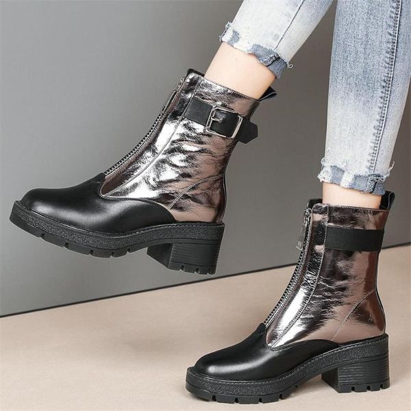 

boots winter warm high heel shoes women genuine leather motorcycle female round toe platform pumps casual, Black