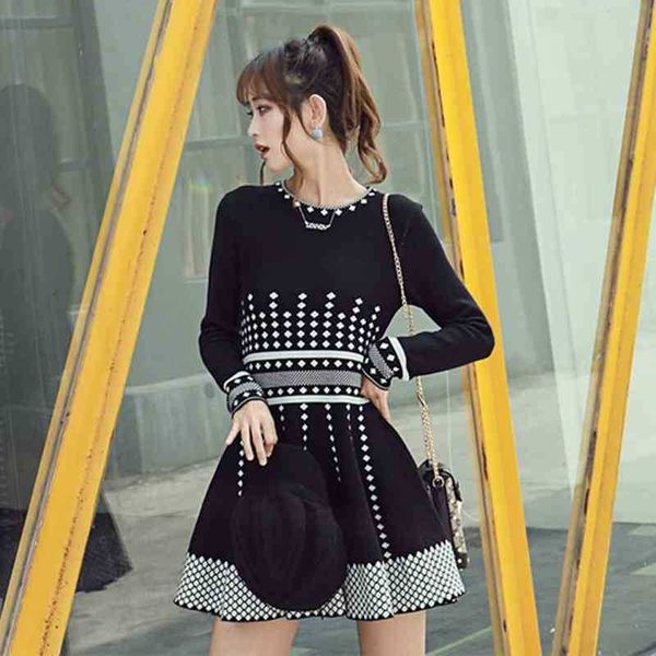 

autumn runway knitted dress women spring slim casual long sleeve waist striped sweater dresses vestidos 210525, Black;gray