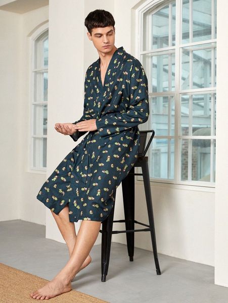 

men cactus print belted robe i8o6#, Black;brown