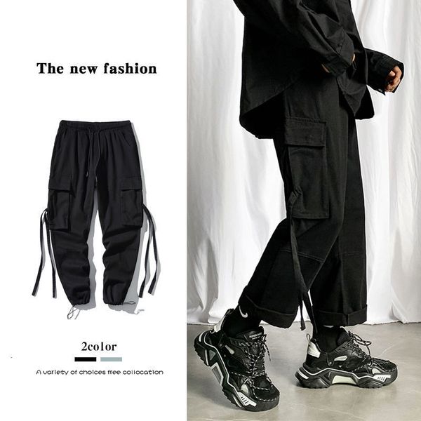 

men's pants ribbon decorate straight cargo baggy casual streetwear hip hop style grey/black trousers large size m-5xl 52ub