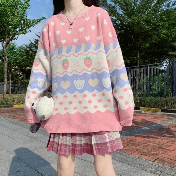 

women's sweaters japanese kawaii knitting sweater women cute strawberry printing long sleeve pullover jumpers pink winter, White;black
