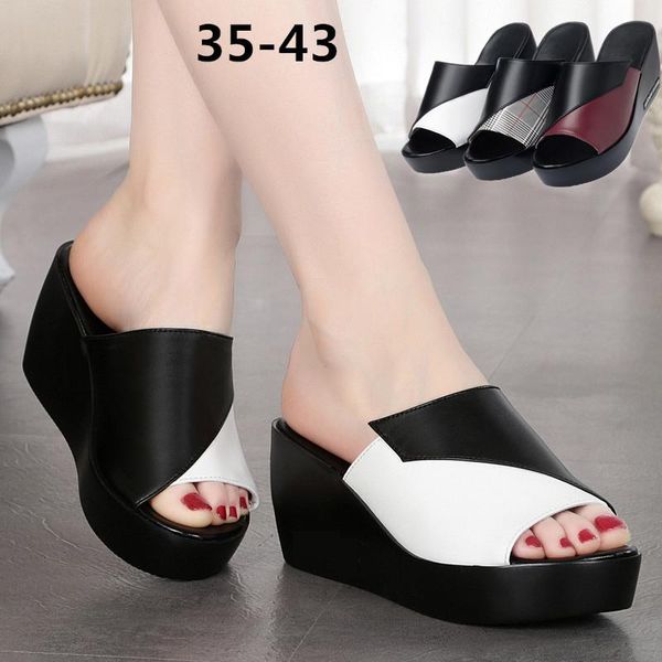 

womens fashion high heeled flip flops shoes non-slip feet outdoor casual beach thick bottom slippers size 43, Black