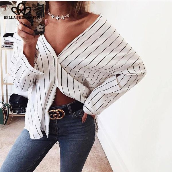 

herstory ladies long sleeve v neck striped blouse casual spring summer shirt loose cotton clothes white 2021