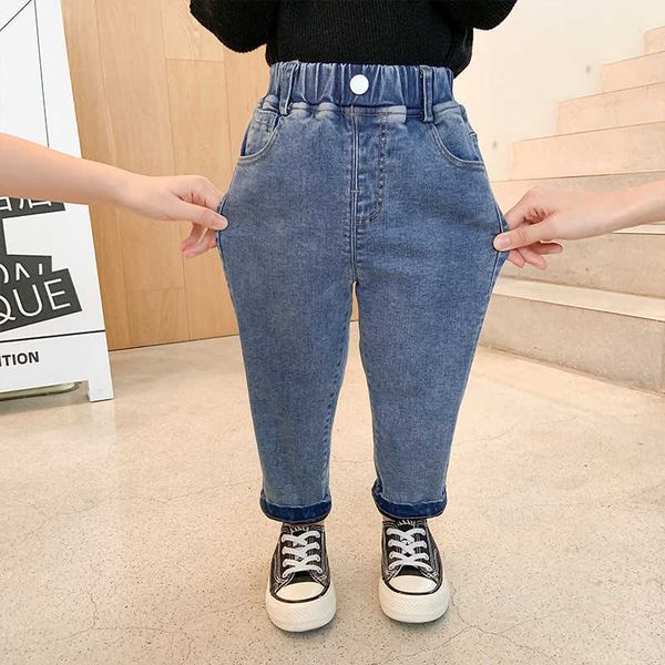 

winter boys and girls soft elastic fleece lining warm jeans kids children fashion all-match denim pants 210615, Blue